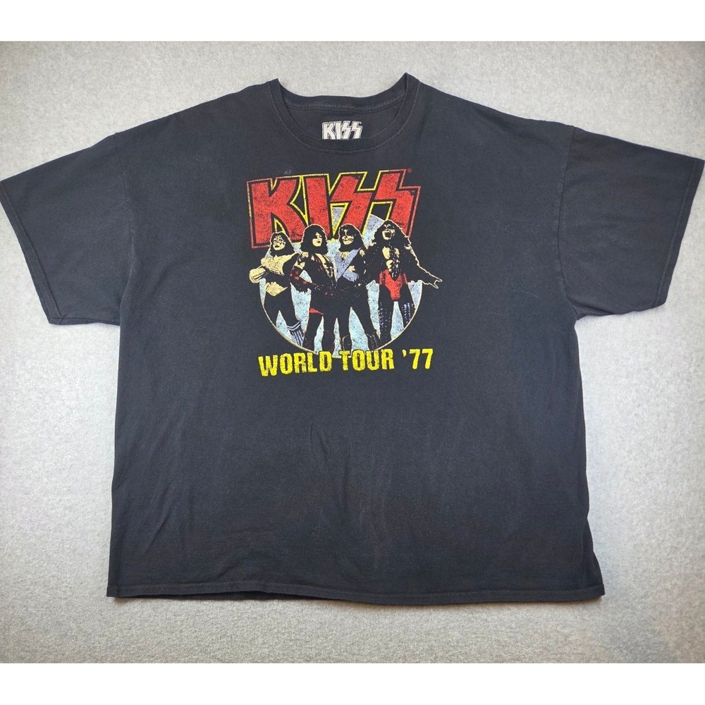 KISS World Tour 77 Graphic T-Shirt Mens 3XL Black Cotton Band Tee